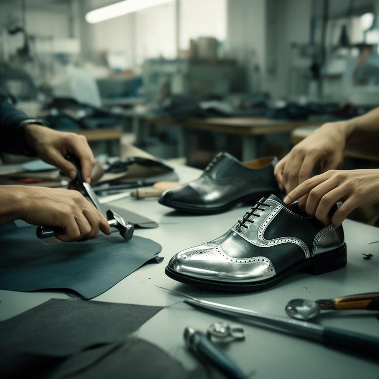 Handwerkliche Produktion von Schuhen mit Zuschnitt, Nähten und Metallverstärkung in heller Werkstatt