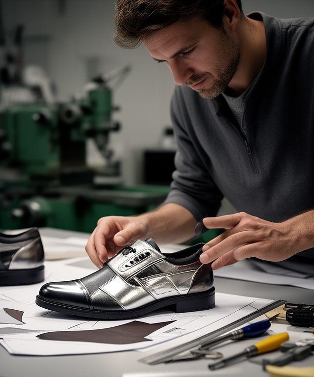 Leitender Designer Loris Felber prüft eine urbane Schuhsilhouette mit Metallic-Akzenten an einem Arbeitstisch
