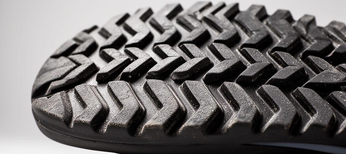 Detailed view of an anti-slip sole profile with deep grooves and rugged tread pattern